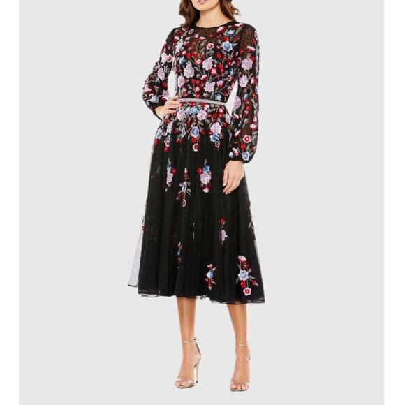 Mac Duggal 5712 Size 2 Black Pink Red Floral Long Sleeve A-Line Midi Party Dress - Picture 3 of 14